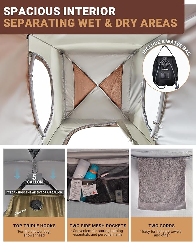 KingCamp Camping Shower Tent Portable Outdoor Privacy Toilet &amp Changing Tent Windproof &amp Waterproof Easy Setup 1 or 2 Room Shelter with Shower Bag for Camping Hiking Beach
