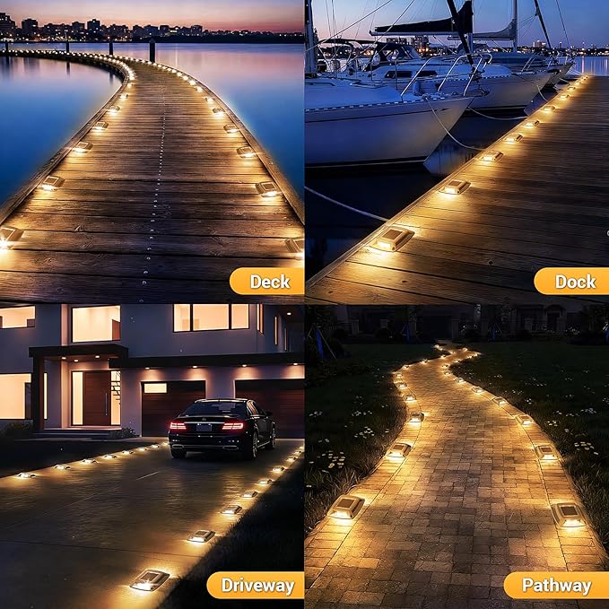 Solar Driveway Lights 10 Pack Solar Powered IP68 Waterproof Dock Lights 4 LED Driveway Markers Deck Light for Dock Pathway Walkway Sidewalk Garden Yard Stair Marine Use (Warm)