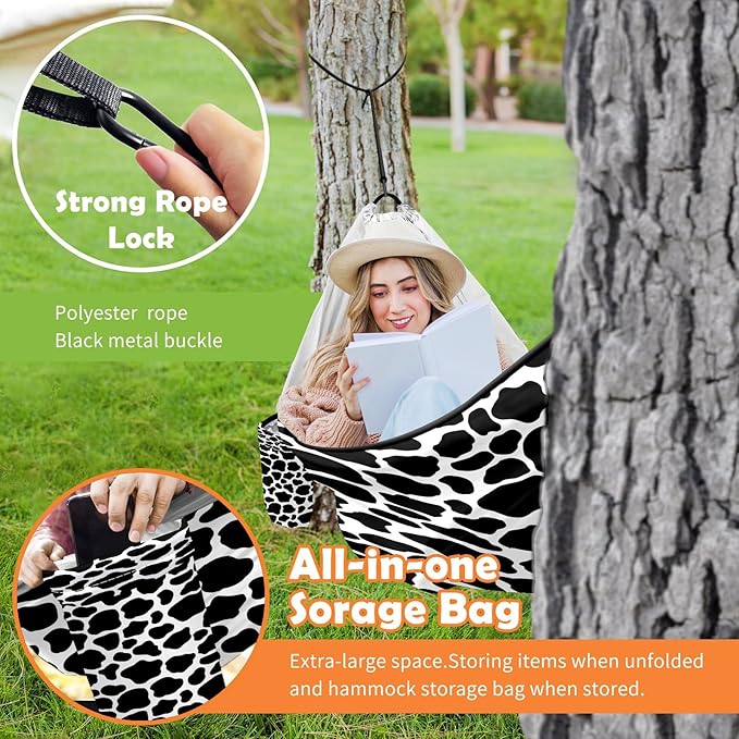 Cow Print Camping Hammock Outdoor Double Single Hammocks with 2 Tree Straps Lightweight Portable Heavy Duty Nylon Hammocks for Backpacking Travel Beach Backyard Patio Hiking