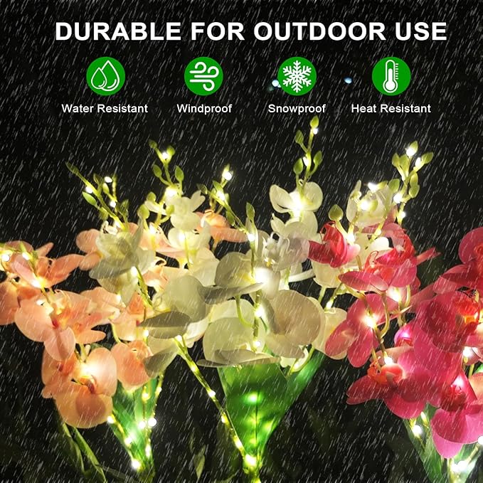 Solar Flower Lights 2 Pack Solar Flowers with Pink &amp White Orchids Solar Outdoor Lights Waterproof Solar Garden Lights for Yard Patio Pathway Lawn Flowerbed Grave Cemetery Decor