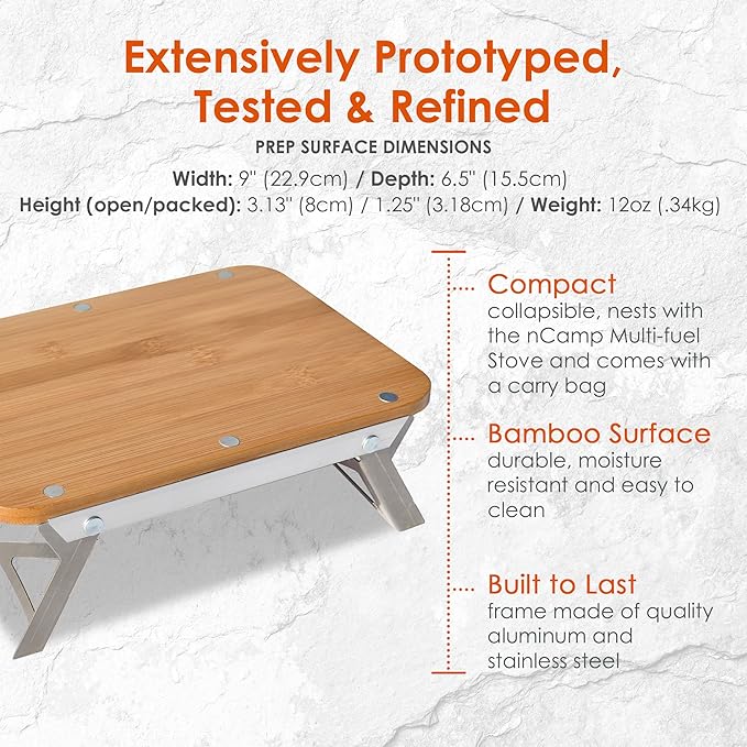 nCamp Kitchen to Go 5 Piece Bundle Portable Compact Multi-Fuel Burning Camping Stove ISO Propane Adapter Elevated Bamboo Cutting Board Prep Surface Cafe Coffee Maker Carrying Bag For Camping