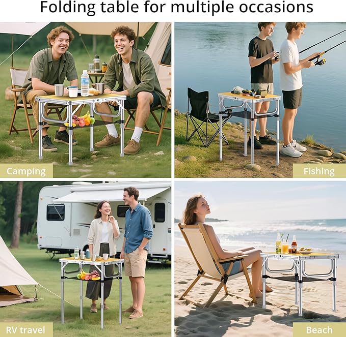 Anbte 2ft Camping Table Foldable 3 Adjustable Heights High 27.5 Aluminum Small Folding Table with Carrying Handle Portable for Outdoor Indoor Picnic Beach BBQ Travel 24 x 16 Light Oak Grain