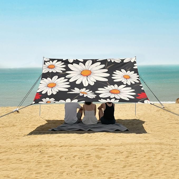 Daisy Flower Pattern Beach Tent Sun Shelter 9.2' x 10.5' Beach Canopy with 4 Sandbags 4 Stability Poles Sand Shovels - Tent Canopy for Beach Camping Fishing Picnics