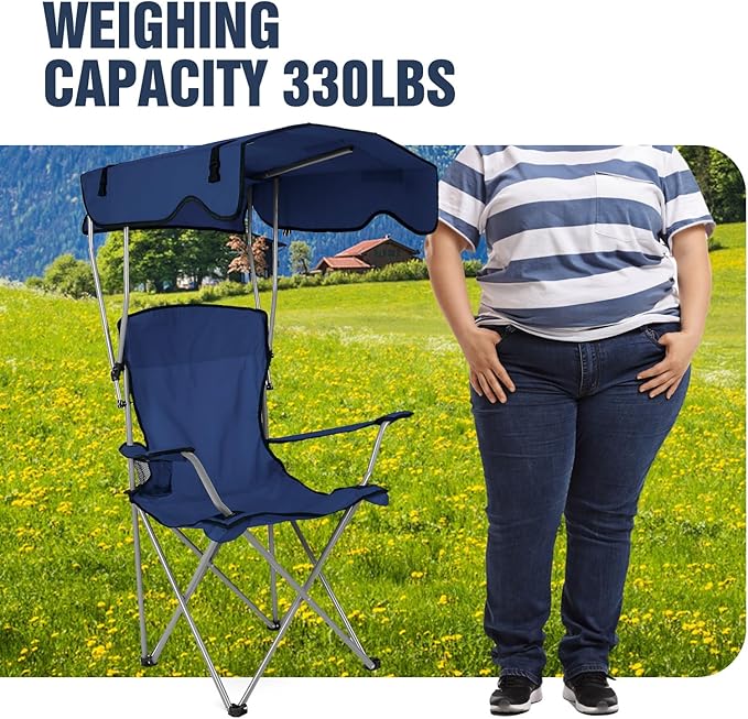 Camping Chair with Canopy Portable Outdoor Folding Beach Chairs with Cup Holder 330LBS Load Lawn Chair for Outside Fishing Beach Picnic (NavyBlue)