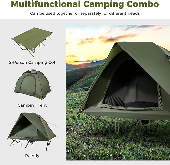 GYMAX 2-Person Tent Cot 3 in 1 Folding Off-Ground Cot Bed Combo with Portable Wheeled Bag Waterproof Rainfly 2 Mesh Doors &amp Skylight Roof for Hiking Backpacking Outdoor