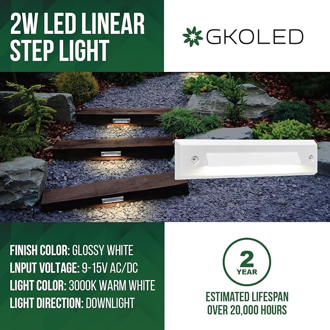 GKOLED 6 Pack LED Low Voltage Stair Lights Linear Shape Cutoff Outdoor Step Lights Landscape Lighting 2W 9-15V AC/DC 3000K Waterproof Accent Deck Lights Die-cast Aluminum Glossy White