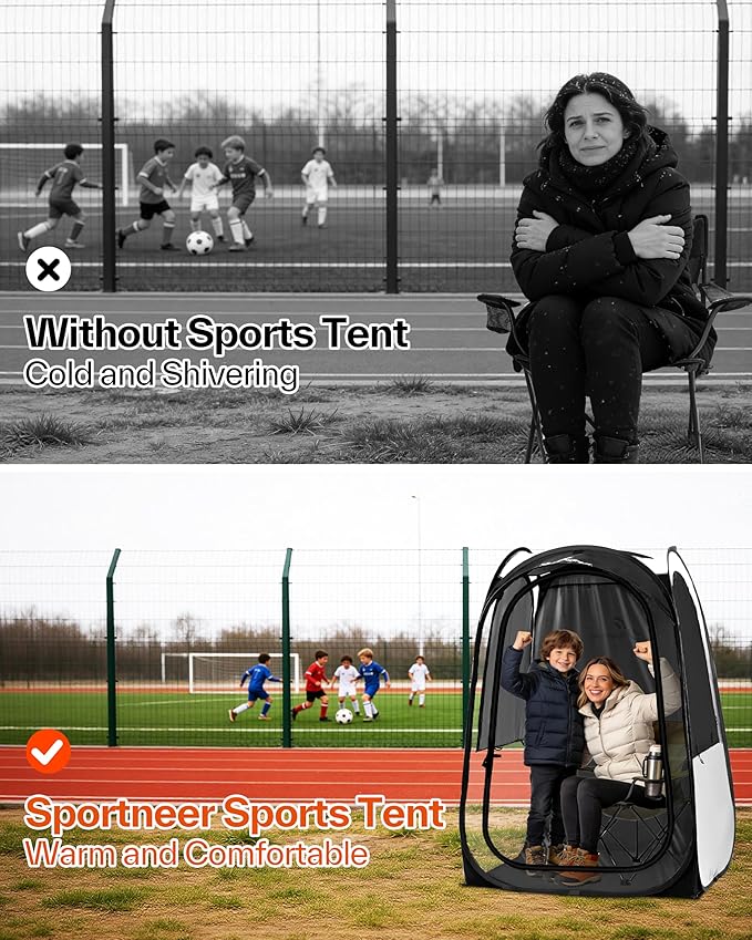 Sportneer XL Pop Up Sports Tent 46 L x 46 W x 63.5 H Clear TPU Outdoor Shelter for 1 Adult &amp 1 Child All-Weather Warm Bubble Pod with Instant Setup Wind &amp Rain Protection for Spectators