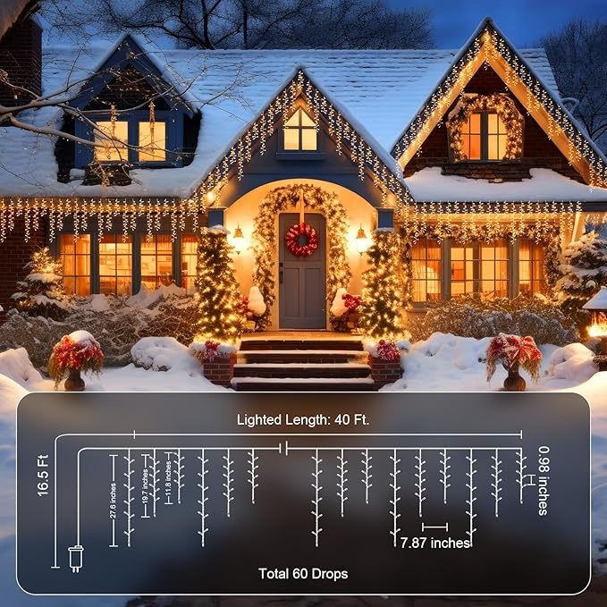 Brightown Cluster Icicle Lights Outdoor 40FT 1200 LED Icicle Christmas Light with 60 Drop12 Modes Cluster Lights with Timer Waterproof Firecracker Christmas Light Outdoor Warm White