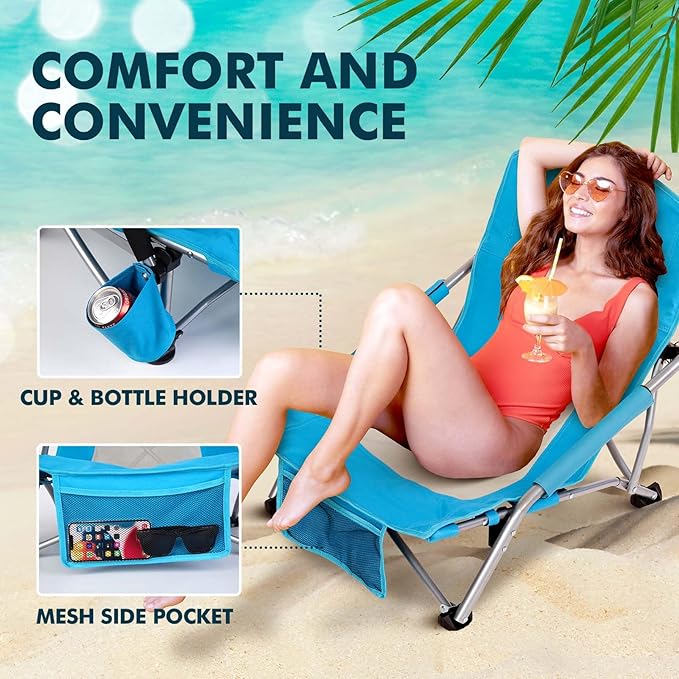 AKSOUL Folding Beach Chair for Adults: Low/High Back Chairs with Carry Bag - Extra Wide Seat Chair with Comfortable Pillow &amp Storage Pocket (1 Pack &amp 2 Pack Blue)