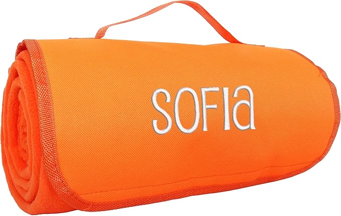 Threadart Personalized Embroidered Portable Blanket with Carrying Strap | Monogrammed Customized Travel Sports Stadium | Soft Fleece | 58in x 48in - Orange | for Picnic Outdoor Blanket