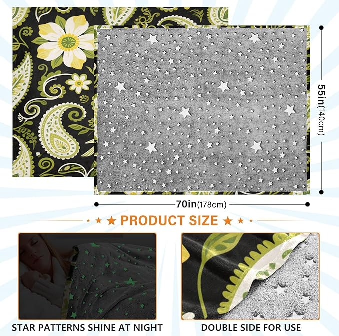 Soft Throw Blanket Olive Green Paisley Flower Boho Black Couch Blanket 50x70 Inches