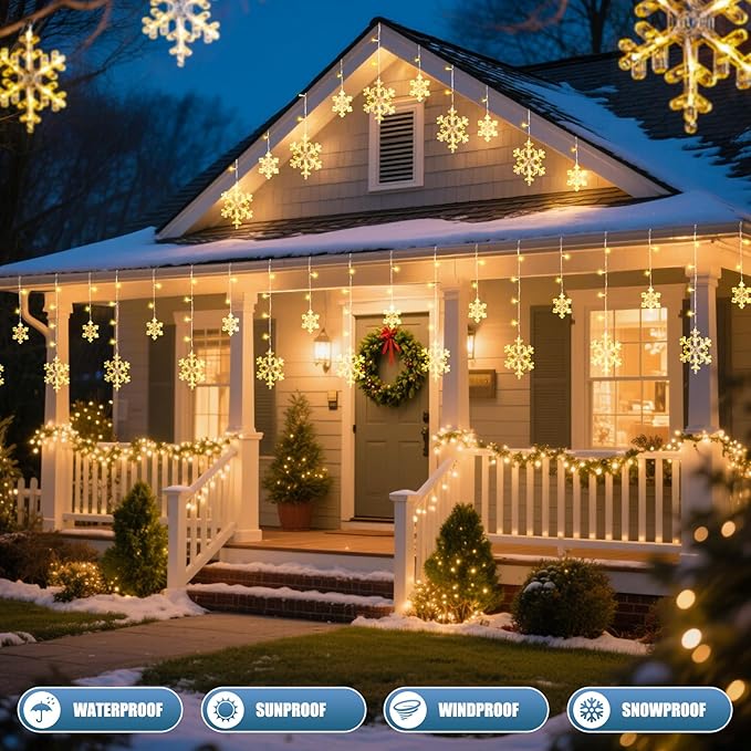 Minetom Christmas Snowflake Lights - 13ft 192LED Snowflake Icicle Lights with 16 Drops 12 Modes and Timer IP65 Waterproof Connectable Christmas Light for House Eave Indoor Outdoor (Warm White)