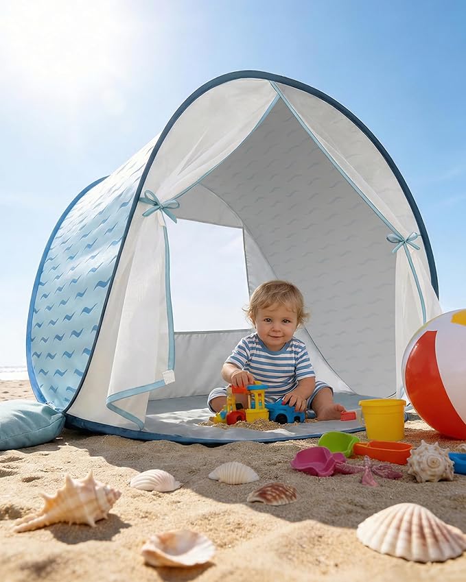 Baby Beach Tent 2026 Upgrade Pop Up UPF 50+ UV Protection Sun Shelter Canopy with Mosquito Net Portable Outdoor Shade Summer Essentials for Babies &amp Toddlers- Blue
