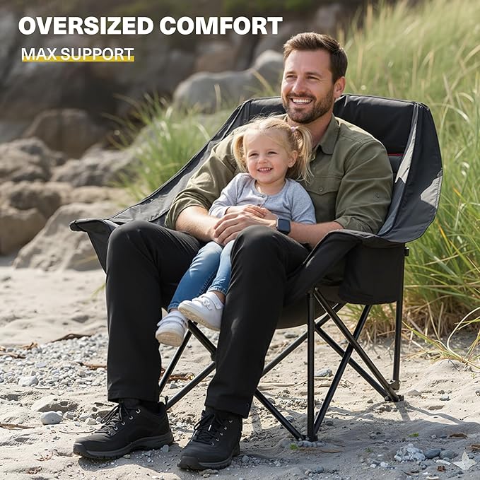Oversized XL Camping Chair for Adults Heavy Duty | 450LBS Support Padded Folding Lawn Chairs with Side Pocket Cup Holder Cooling Bag for Outdoor Sports Garden Beach Fishing