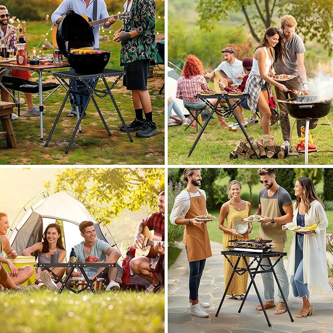 JiGiU Folding Camping Table Height Adjustable Aluminum Alloy Foldable Pinic Table 180lbs Capacity with Handle Stable Triangle Feet for Outdoor Indoor Hiking Camp BBQ Beach (Black Iron Mesh Tabletop)