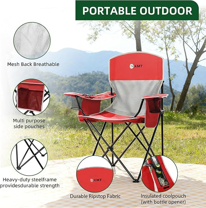 Portable Outdoor Folding Chair with Cup Holder &amp Cooler Bag - Breathable Mesh Wide Armrests Ergonomic Design for Camping Beach Backyard - Includes Storage Bag &amp Bottle Opener (Black/Green/