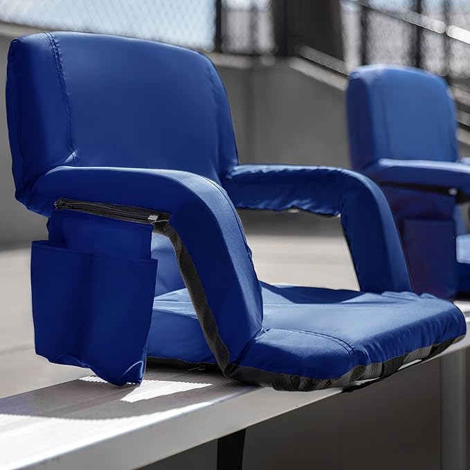 BizChair Blue Portable Lightweight Reclining Stadium Chair with Armrests Padded Back &amp Seat with Dual Storage Pockets and Backpack Straps