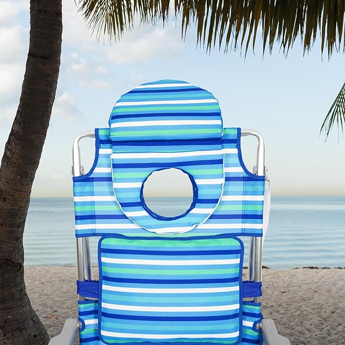Tommy Bahama 4-Position Face-Opening Read Through Lounger with Ottoman Portable Folding Beach Chair Blue Stripe