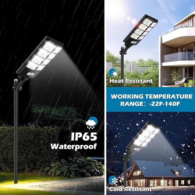 VUAA 4 Pack Solar Street Lights Outdoor Waterproof 10000LM 448 LEDs LED Parking Lot Lights Dusk to Dawn Solar Flood Light with Motion Sensor and Remote Control for Area Lighting Yard 6500K