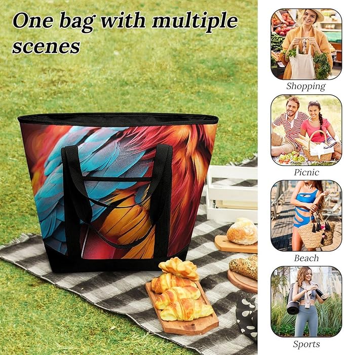 Insulated Shopping BagLarge Reusable Cooler Bags Colorful Feathers Printed Foldable Shopping BagTravel Waterproof Shoulder Bag