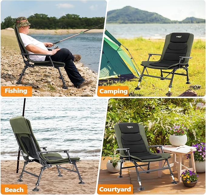 VINGLI Oversized Fishing Chair Heavy Duty Support 440 LBS 160° Freely Adjustable Reclining Folding Chairs Lounge Travel Outdoor Seat with High Back for Fishing Camping or Leisure