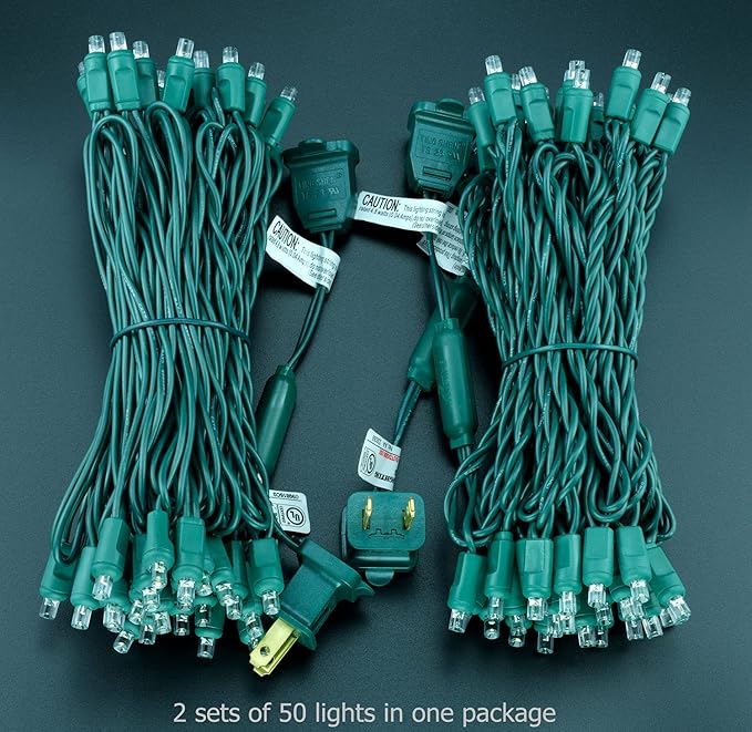 YULETIME Warm White 5MM LED Christmas Lights 50 ft 100 Count 6 Spacing One-Piece High Waterproof Wide Angle UL Certified String Light (6“ Warm White - Green Wire)