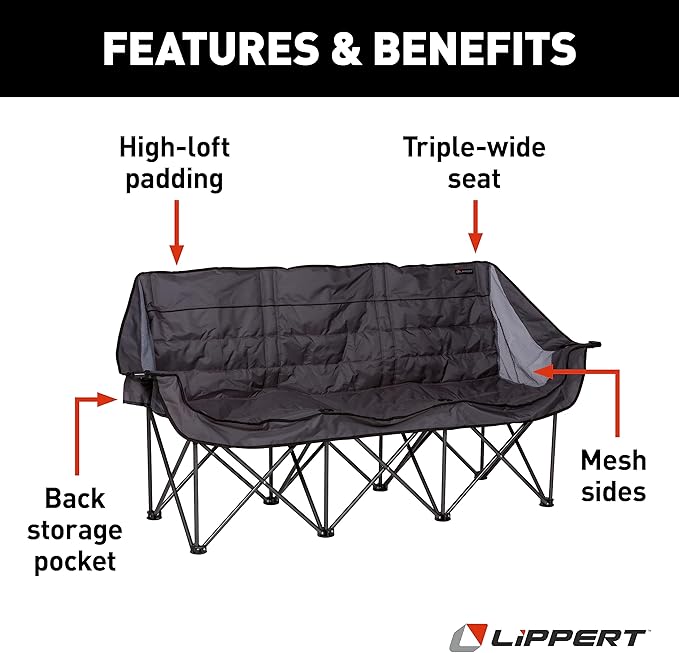 Lippert Campfire Folding Couch - Dark Grey High-Loft Foldable Sofa Dual Cup Holders Power Coated Steel Frame Durable 600D Outdoor Polyester Fabric 500 lb. Capacity 2022114796