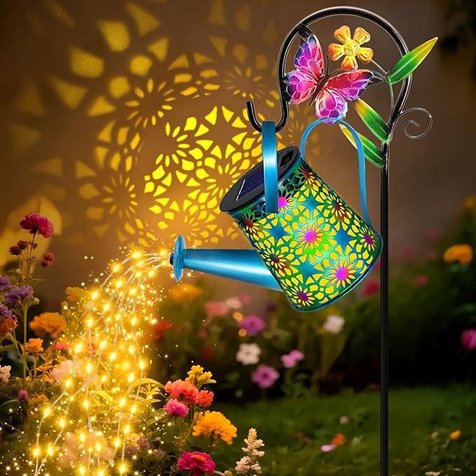 2 Pack Solar Lights Outdoor Decorative Blue Metal Solar Watering Can Lights Waterproof Gifts for Women Mom Grandma Birthday Hanging Lanterns Decoration Garden Decor for Outside Yard Patio Lawn