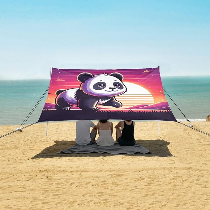 ALAZA Cute Panda Sunset Beach Tent Sun Shelter UPF50+ Protection Beach Shade Canopy w/ 4 Sandbags for Outdoor Camping Fishing Backyard Fun Picnic 10x9 ft