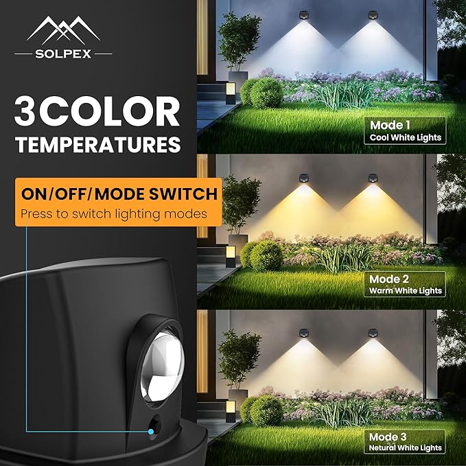 SOLPEX Solar Lights Outdoor Waterproof IP65 Solar Stair Lights Outdoor for Fence Deck Step Dual Color LED 3 Lighting Modes House Wall Light for Porch Backyard Fence Garden Decor-8 Pack