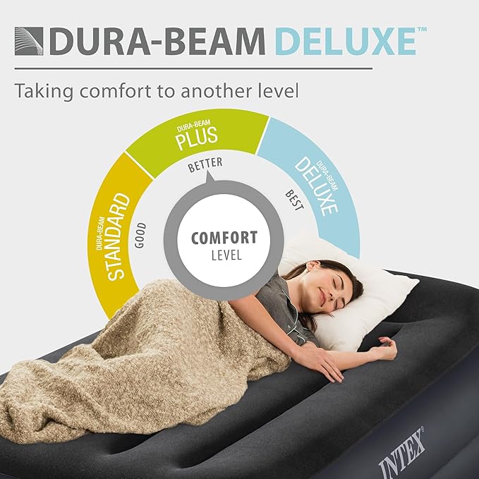 Intex Raised Airbed Mattress with Built-in Pump Dura-Beam Plus Pillow Twin - Portable Inflatable Luxury Blow-Up Bed for Adults Camping Guests