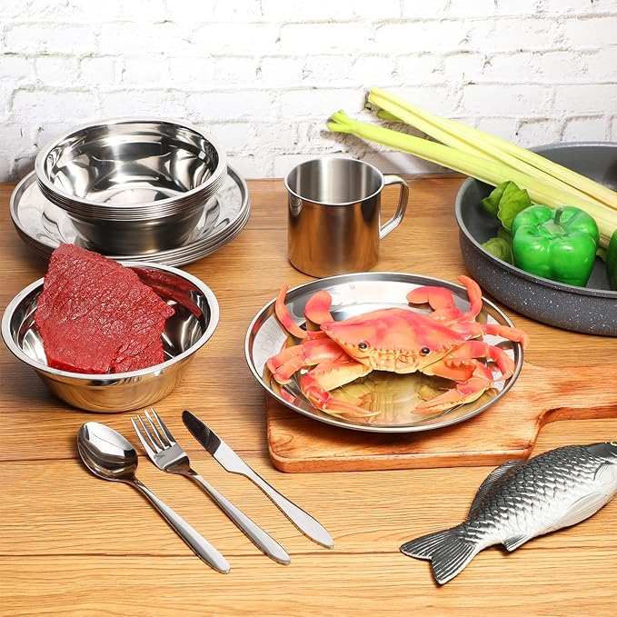 58 Pcs Camping Plates Cups and Bowls Set Stainless Steel Dishes Mess Kit Utensils Tableware with Spoons Forks Knives Storage Bags for 8 Person Outdoor Camping Backpacking Hiking Travel Picnic