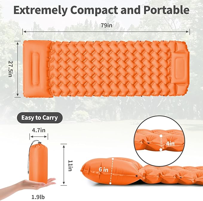 Sleeping Pad for Camping - 4” Thick Inflatable Camping Mat with Built-in Pump &amp Pillow Ultralight Self Inflating Camping pad Backpacking Sleeping Mat for Hiking Tent Traveling