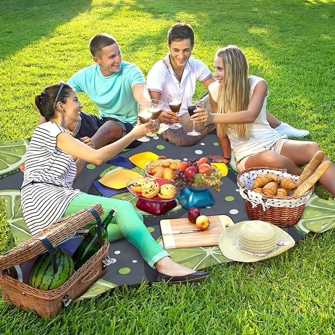 Waterproof Sandproof Beach Blanket 59''×68'' Sour Lemon Slices Polyester Outdoor Picnic Blanket with 4 Stakes &amp Storage Bag for BeachCampingVacation Fruit