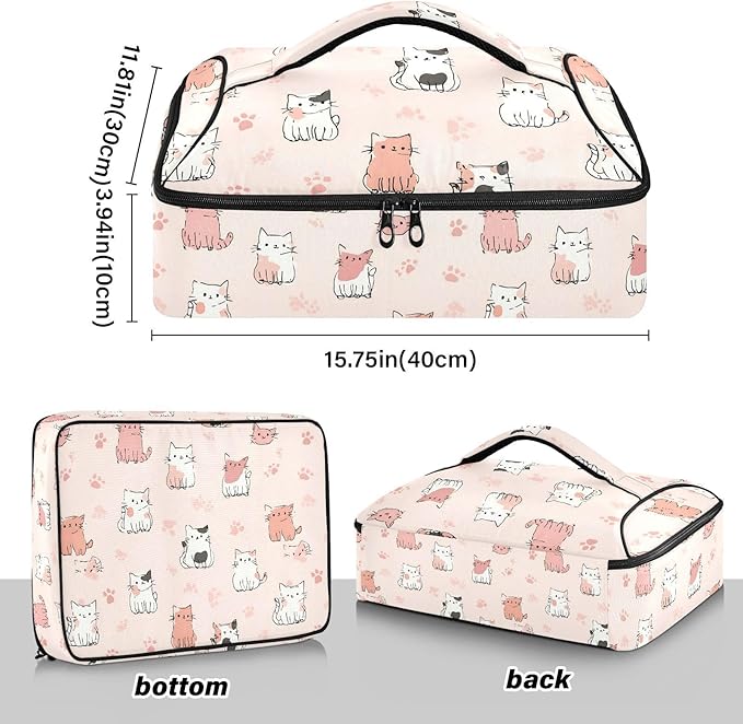Casserole Carrier Small CatsInsulated Casserole Carrier for Hot or Cold Food Thermal Lunch Tote for Potluck Parties Picnic Beach Fits 9 x 13 Inches Baking Dish