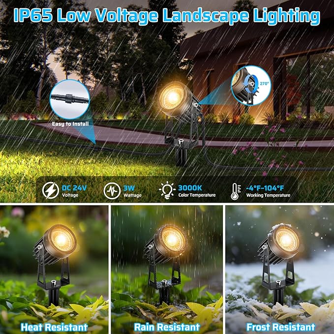 All-in-One Low Voltage Landscape Lighting Kit 8 Pack Landscape Lights with Smart Transformer Dimmable Waterproof Outdoor LED SpotLights 24V LED Landscape Lights for Yard Garden(Warm White)