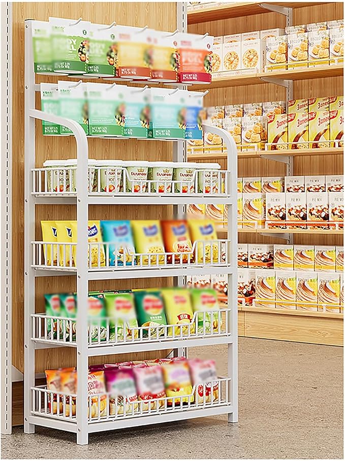 Retail Snack Display Stand Metal Supermarket Shelf Candy Storage Cart Rack Potato Chip Floor Organizer for Pantry Convenience Stores Concession White-4tier-50x27x146cm