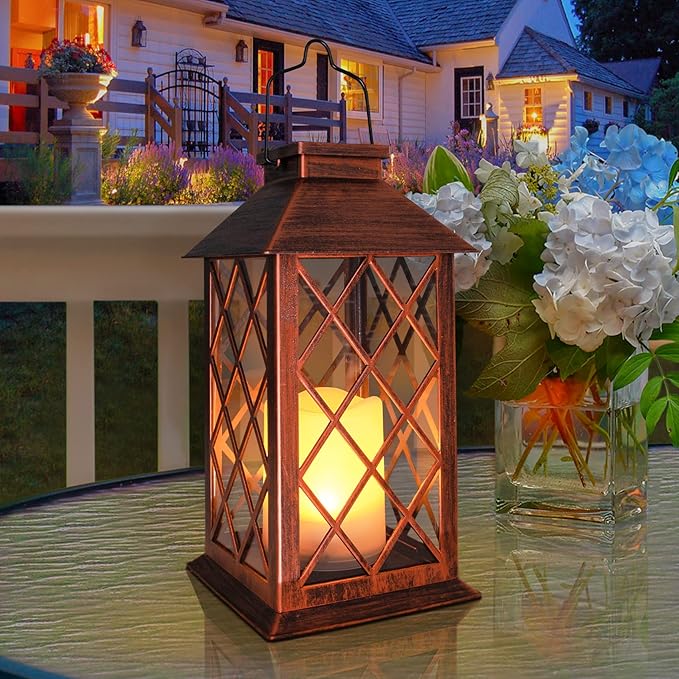[2 Pack] TAKE ME 14 Solar Lantern Outdoor Garden Hanging Lantern Waterproof LED Flickering Flameless Candle Mission Lights for TableOutdoorChristmas Gifts Mom Wife