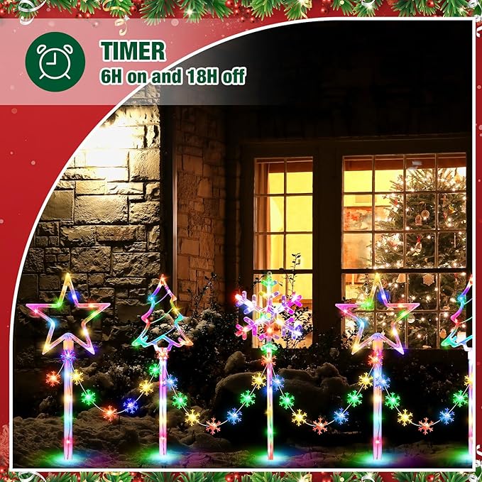 12 Pack Outdoor Snowflake Walkway Lights Plug in Christmas Pathway Lights 8 Modes Xmas Waterproof LED Garden Stake Light for Walkway Porch Yard Lawn(Multicolor)