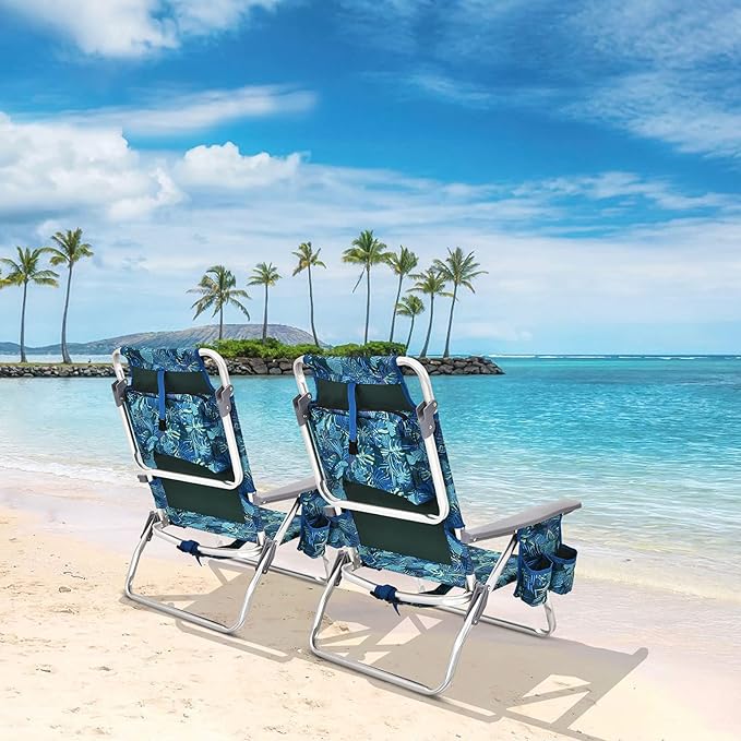GYMAX Beach Chairs Backpack Camping Chair with Armrest Cooler Bag Cup Holder Towel Bar &amp Side Pockets Sunbath Sling Tanning Lounge Folding Layout Chair (4 Chairs Without Table Blue Leaves)