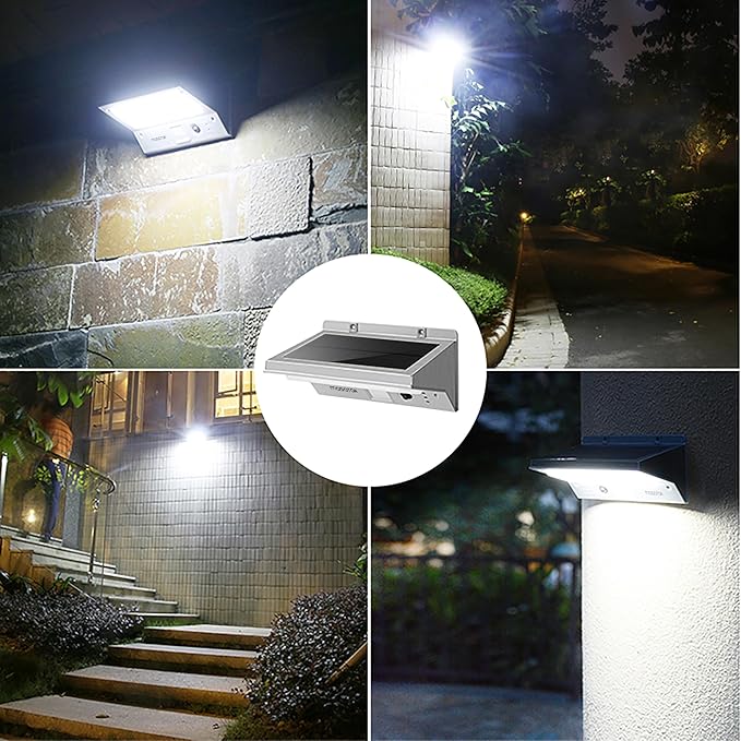 Solar Motion Sensor Outdoor Lights LED Security Light Waterproof Stainless Steel Solar Powered Wall Light for Front Door Patio Garage Porch Fence Yard 3 Modes Flood Light Bright (Cool White)