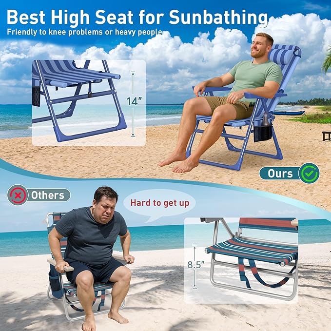 Suteck Backpack Beach Chairs for Adults 2 Pack 6-Position Folding Reclining Chair with Cooler Bag &amp Cup Holder Lightweight Portable Beach Chair for Camping Outdoor Sand Travel Use