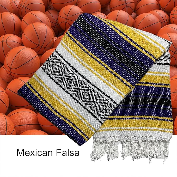 Genuine Oversized Artisan Mexican Falsa Yellow Purple Blanket (72inx48in) -Authentic Handcrafted Yoga Blanket Beach Throw Camping Essential Picnic Mat or Outdoor Wrap