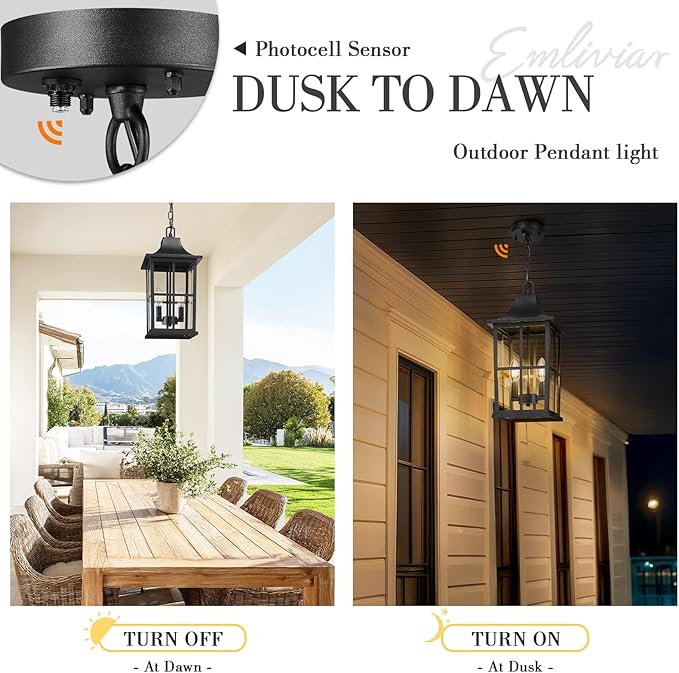 Emliviar Dusk to Dawn 2-Light Large Porch Light Outside Chandelier for Yard 15.4 Black Hanging Lantern Light Fixture with E12 Base Clear Glass YXE306H-M-PC BK