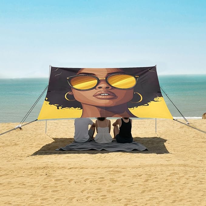 ALAZA African American Woman Sunglasses Beach Tent Sun Shelter UPF50+ Protection Beach Shade Canopy w/ 4 Sandbags for Outdoor Camping Fishing Backyard Fun Picnic 10x9 ft