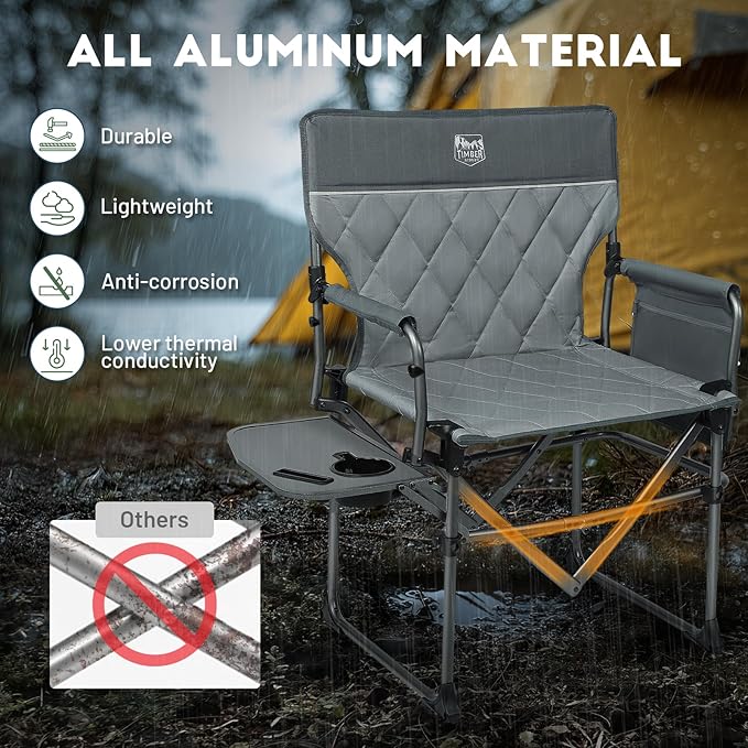TIMBER RIDGE 2 Pack Aluminum Camping Directors Chair with Side Table Pocket Portable Folding Heavy Duty Lawn Chair for Fishing Trip Picnic Concert Outdoor 400lbs Grey