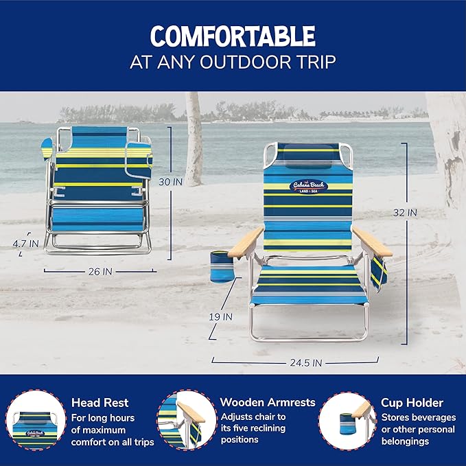 Cabana Beach Folding Beach Chair 5 Position Lightweight Portable Reclining Outdoor Camping Accessories with Headrest Shoulder Strap and Cup Holder Stripe