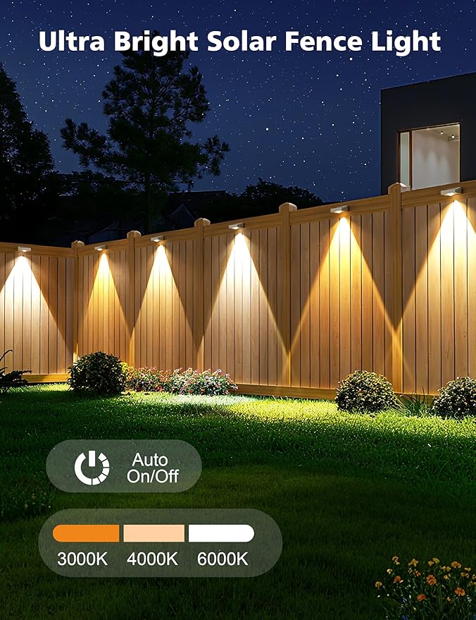 VOLISUN Solar Fence Lights Fence Lights Solar Powered IP65 Waterproof LED 3 Color Temperatures Solar Light for Fence Yard Wall Backyard (12 Pack White)