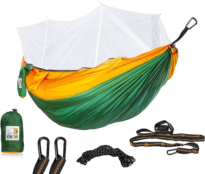 X-Large 2 Person Camping Hammock with Mosquito Net - Compact Double Hammock with Bug Net Pocket Tree Straps &amp Heavy Duty Carabiners - Parachute Grade Nylon Can Hold Over 600lbs of Weight