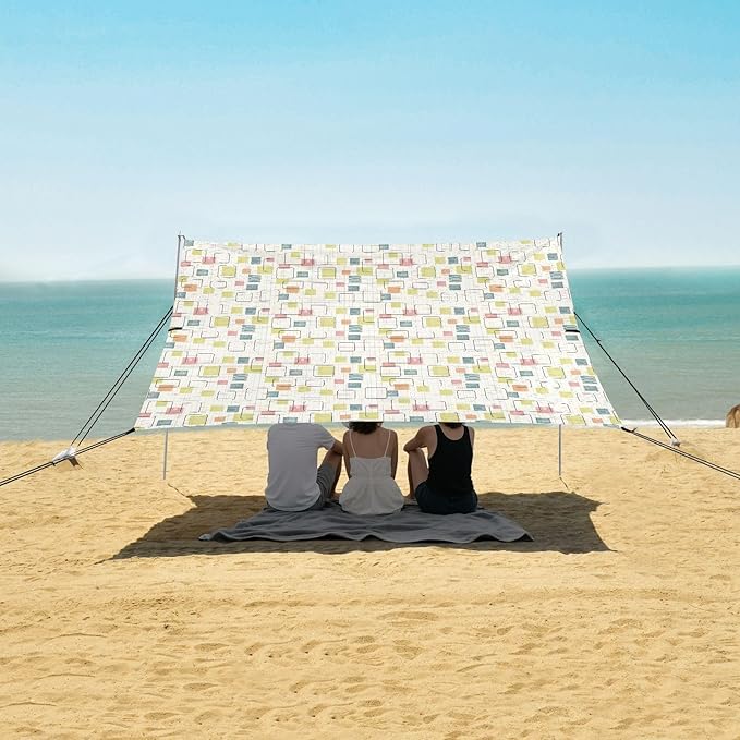 ALAZA Grid Geometric Blocks Beach Tent Sun Shelter UPF50+ Protection Beach Shade Canopy w/ 4 Sandbags for Outdoor Camping Fishing Backyard Fun Picnic 10x9 ft